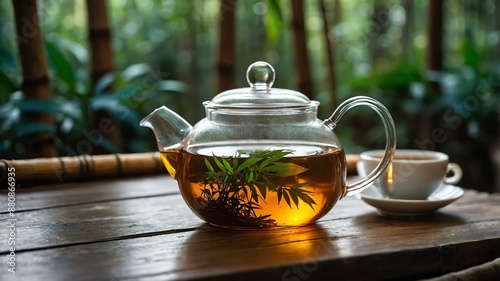glass tea pot pouring warm tea into a teacup on a rust background