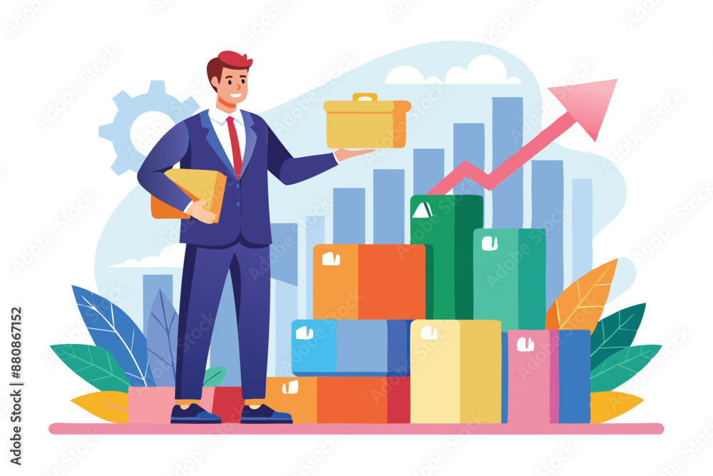 Lean Startup Methodology: Agile Management for Fast Product Launch, Businessman Shows Growth Graph on Box Stack Lean Startup Methodology: Agile Management for Fast Product Launch, Businessman Shows Growth Graph on Box Stack