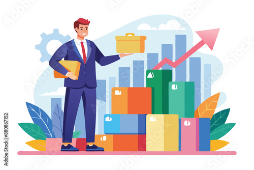 Lean Startup Methodology: Agile Management for Fast Product Launch, Businessman Shows Growth Graph on Box Stack