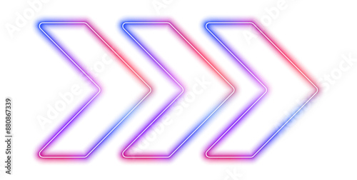 Glowing neon sign of movement, speed, outline arrow pointer silhouette on white background PNG. Retro sign with bright neon arrows in pink, blue, purple and blue. 