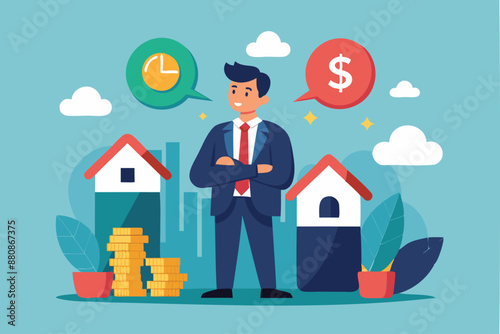 Businessman contemplates decision between paying off mortgage or investing in stock market for maximum profit and financial benefit