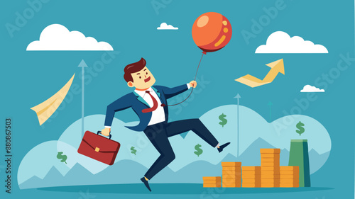 Businessman investor holds flying balloon tightly, fearing fall as financial bubble inflates from QE injected money concept