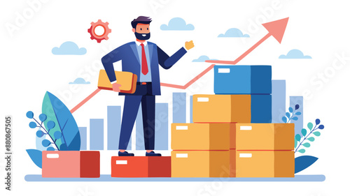 Lean Startup Methodology: Agile Management for Fast Product Launch, Businessman Shows Growth Graph on Box Stack
