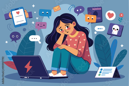 Depressed Teenager Girl Facing Cyber Bullying and Online Abuse, Social Media Problem