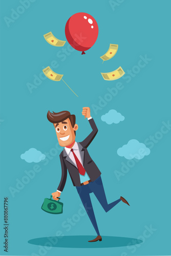 Businessman investor holds flying balloon tightly, fearing fall as financial bubble inflates from QE injected money concept