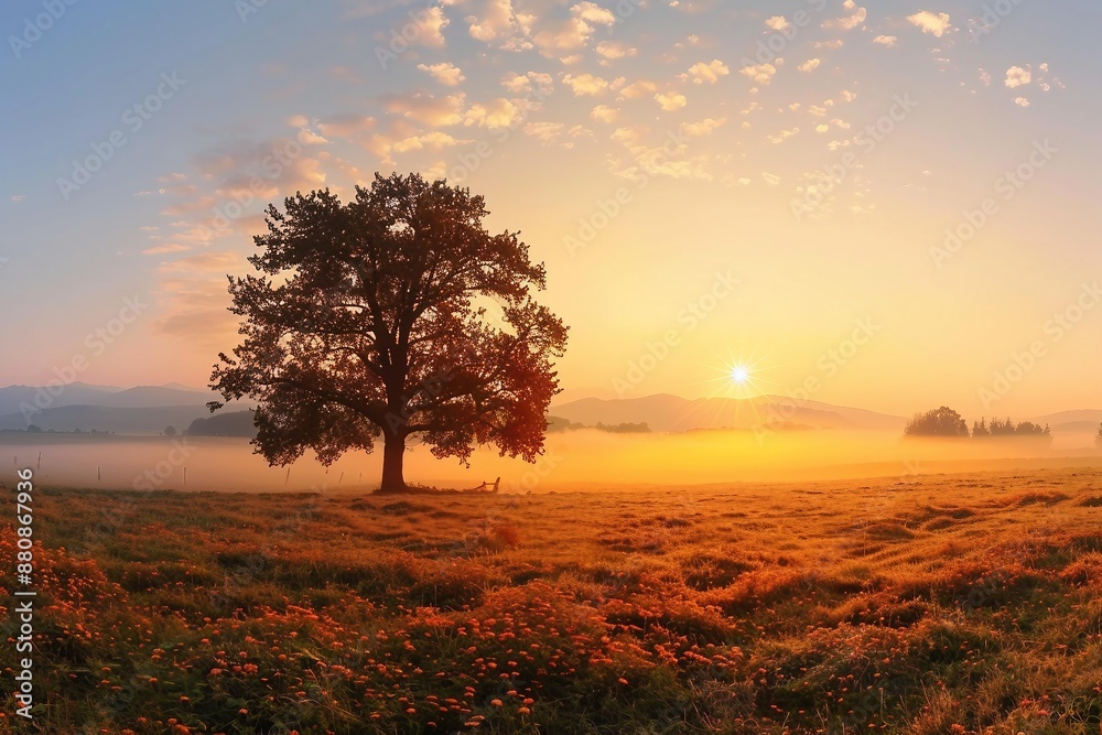 Alone tree on meadow at sunset with sun and mist - panorama