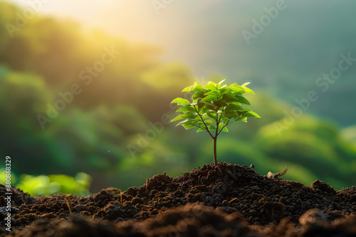 panorama small tree growing with sunrise green world and earth day concept