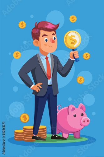 Businessman Investor with Piggy Bank Hunting for Dollar Money Return in Best Investment Search