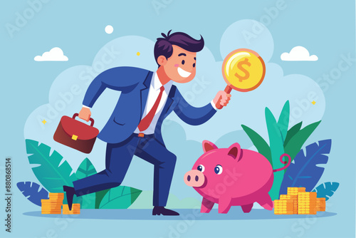 Businessman Investor with Piggy Bank Hunting for Dollar Money Return in Best Investment Search