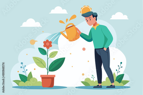 Man waters seedling planted in head, symbolizing growth mindset, personal development, and belief in success through motivation and training