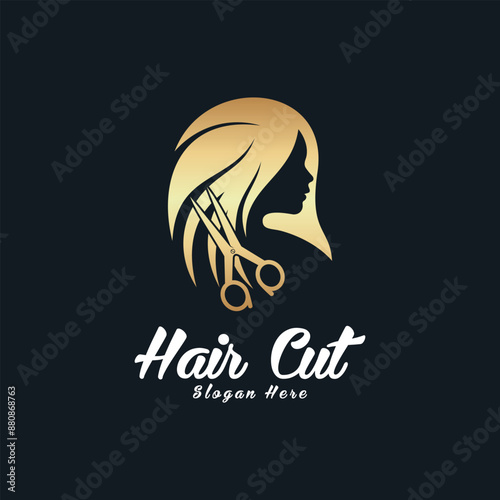 Hair cut logo design for women beauty salon with hair scissor