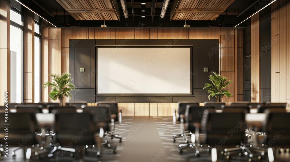 Seminar room Business event meeting room style Modern Warm colors mood small sized room black chair big screen black wall background Frame Mockup Seminar room Business event meeting room style Modern Warm colors mood small sized room black chair big screen black wall background Frame Mockup