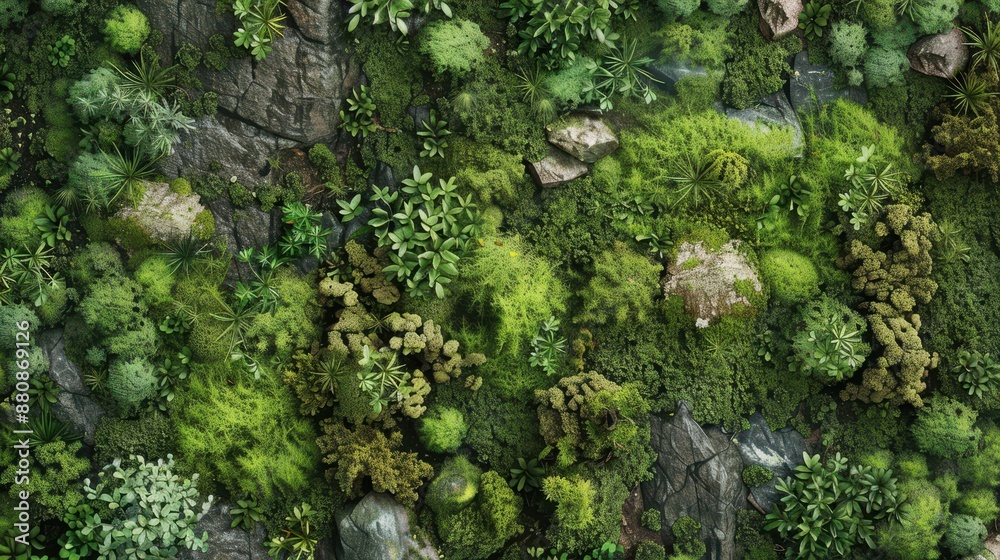 A seamless image of a collection of moss, aerial perspective, placed on a solid black background A seamless image of a collection of moss, aerial perspective, placed on a solid black background