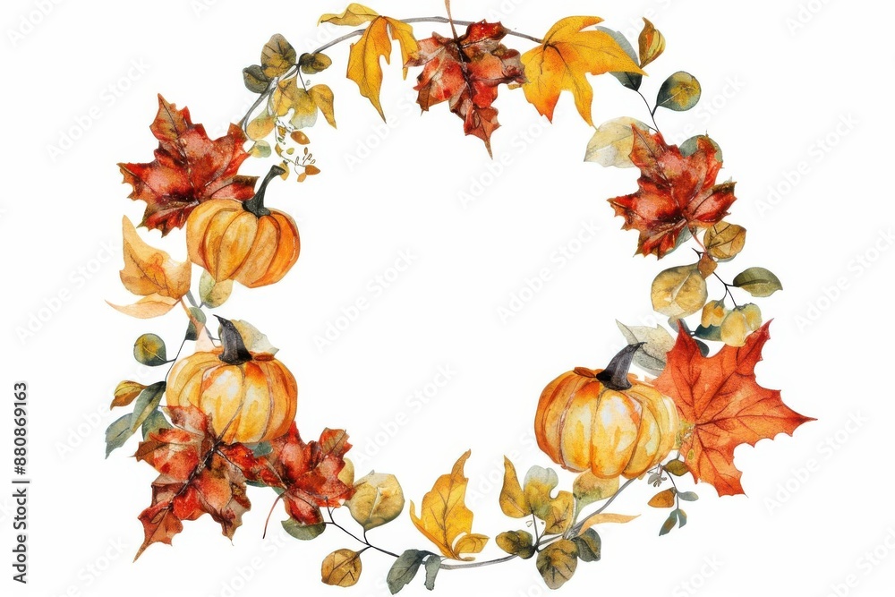 Fototapeta premium Halloween wreath clipart, Halloween element, watercolor illustration, isolated on white background