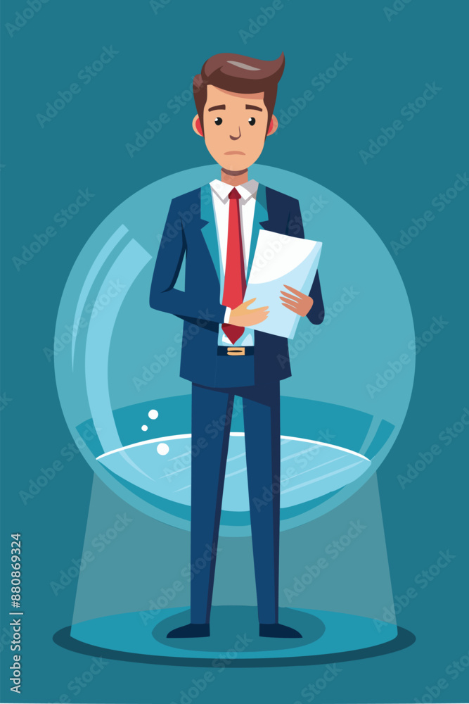 Businessman Standing with Financial Disclosure Document in Crystal Clear Fishbowl for Transparency Businessman Standing with Financial Disclosure Document in Crystal Clear Fishbowl for Transparency