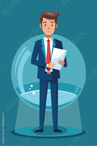 Businessman Standing with Financial Disclosure Document in Crystal Clear Fishbowl for Transparency photo
