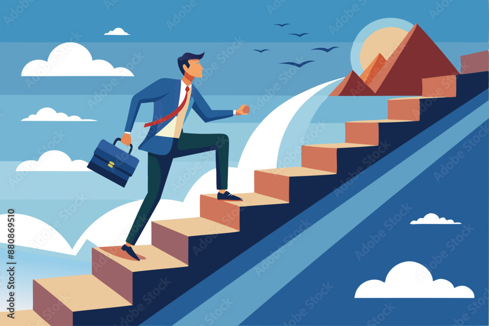 Overcoming Challenges: Businessman Climbs Stairs, Encountering Massive Obstacle on Path to Success Overcoming Challenges: Businessman Climbs Stairs, Encountering Massive Obstacle on Path to Success