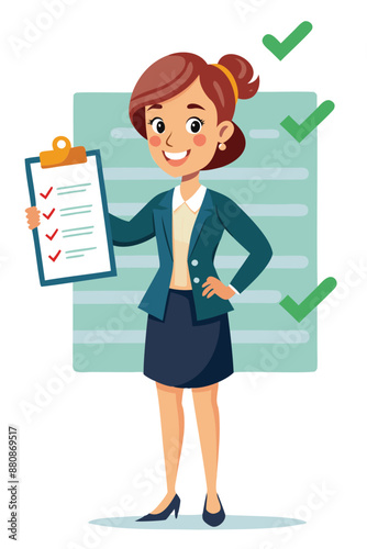 Employee Performance Evaluation: Businesswoman Giving Tick on Assessment Checklist for Satisfaction and Improvement