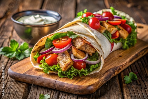 Juicy chicken shawarma wrapped in warm pita bread, topped with crispy veggies and savory sauce, served on a rustic wooden board with ample copy space.