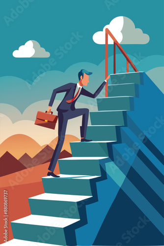 Overcoming Challenges: Businessman Climbs Stairs, Encountering Massive Obstacle on Path to Success