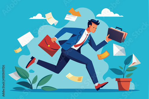Overwhelmed Businessman Runaway from Paperwork Pile, Stress and Burnout Concept