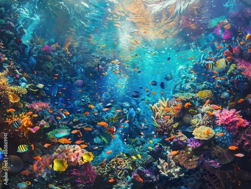 vibrant underwater coral reef teeming with tropical fish bioluminescent creatures technicolor corals crystalclear waters immersive marine panorama aquarium wonderland