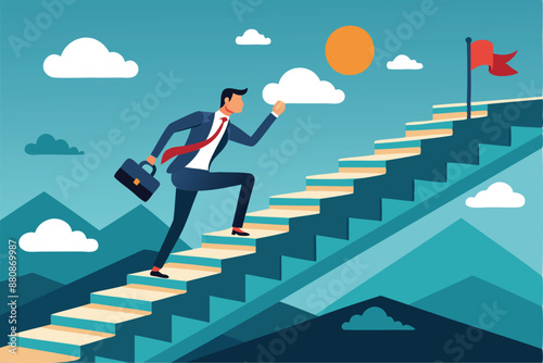 Overcoming Challenges: Businessman Climbs Stairs, Encountering Massive Obstacle on Path to Success