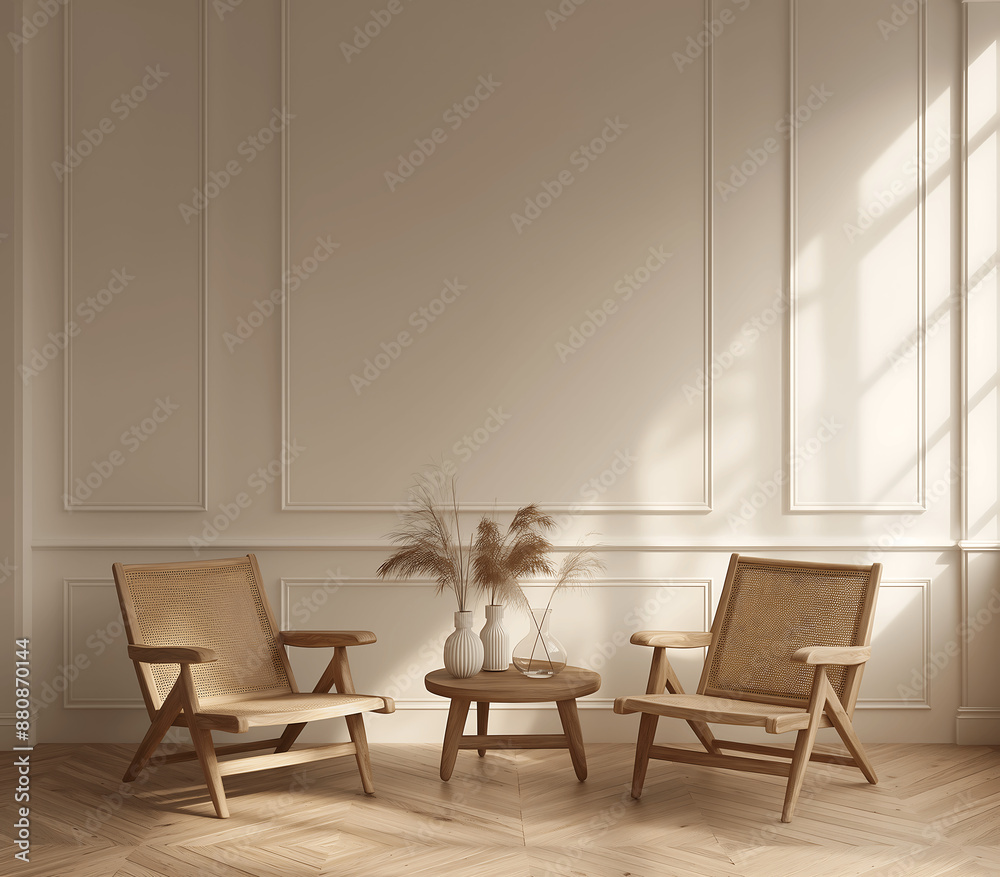 Fototapeta premium Minimalist Living Room with Wooden Chairs, Small Table, and Pampas Grass Decor in Soft Natural Light