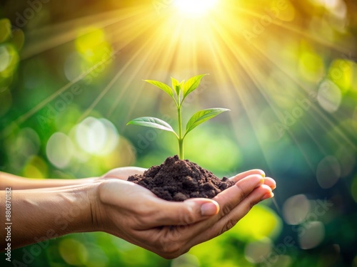 Delicate hand cradles a tiny seedling against a soft, blurred green natural backdrop, warm sunlight illuminating the gentle gesture of sustainable growth and renewal.