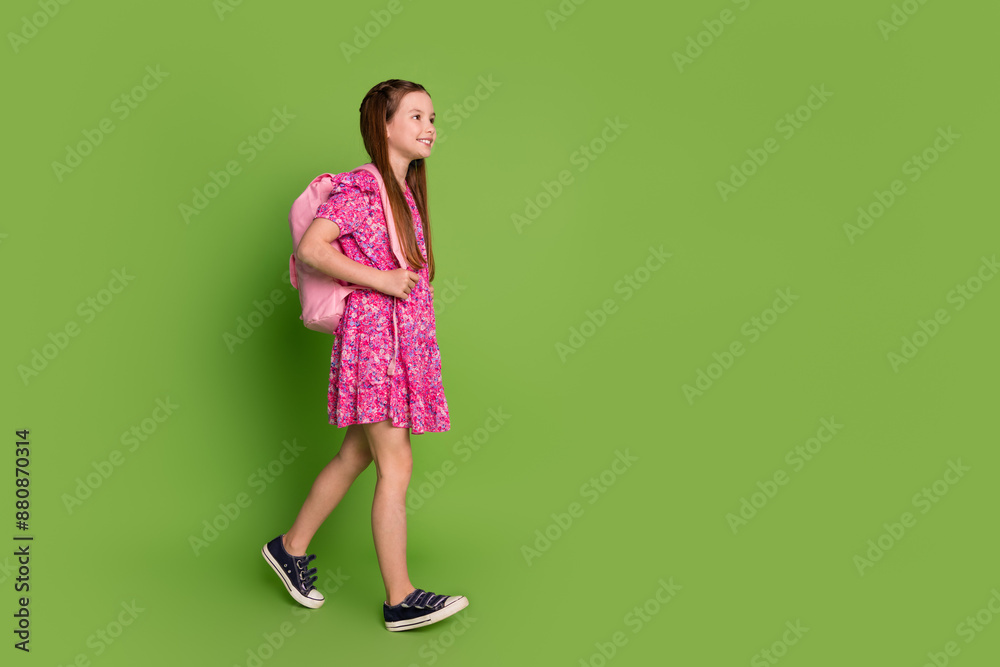 Full size photo of cute schoolgirl backpack walk empty space wear pink dress isolated on green color background Full size photo of cute schoolgirl backpack walk empty space wear pink dress isolated on green color background