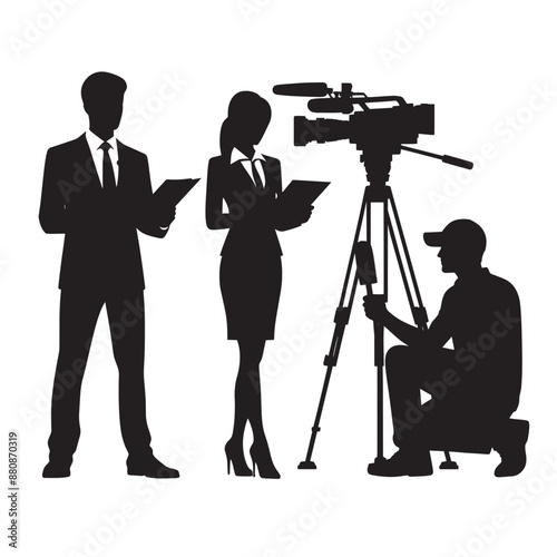 News reporter with cameraman silhouette vector isolated on a white background