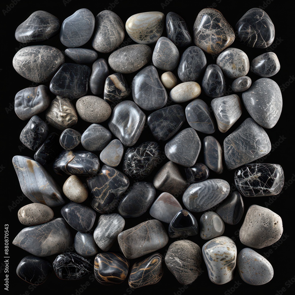 A top-down view of a seamless arrangement of rocks on a black background A top-down view of a seamless arrangement of rocks on a black background