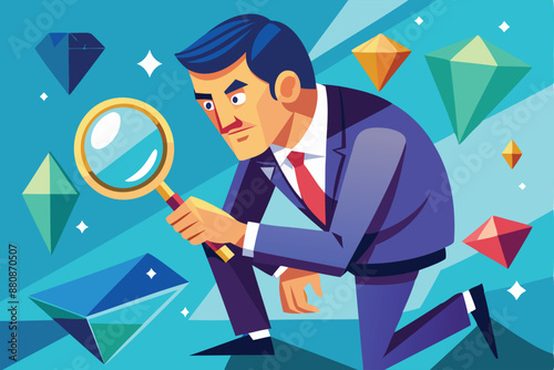 Businessman with Magnifying Glass Searching for Rare Diamond Gem, Valuable Opportunity