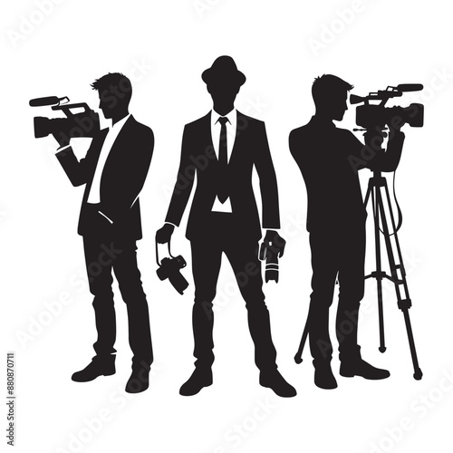 News reporter with cameraman silhouette vector isolated on a white background