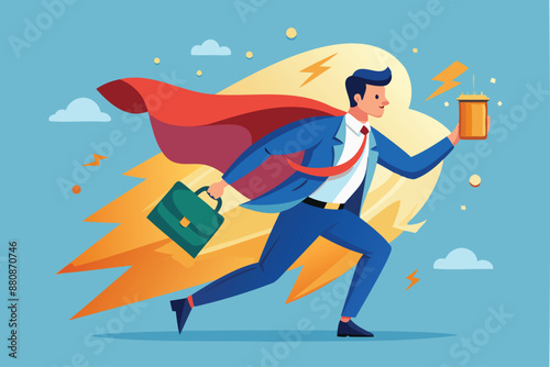 Energetic businessman superhero carries fully recharged battery, symbolizing refreshed energy to work efficiently and recover from burnout