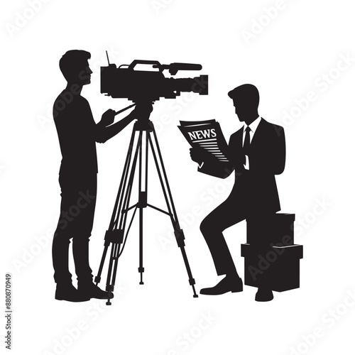News reporter with cameraman silhouette vector isolated on a white background