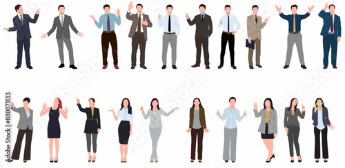 Business multinational team. Vector illustration of diverse men and women of office outfits. Isolated on white background. 