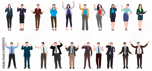 Business multinational team. Vector illustration of diverse men and women of office outfits. Isolated on white background. 