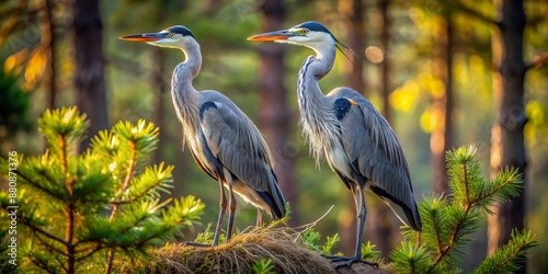 Majestic adult and juvenile Grey Herons stand amidst towering pine trees, their sleek grey feathers and elegant poses exuding serenity in a tranquil forest setting. photo