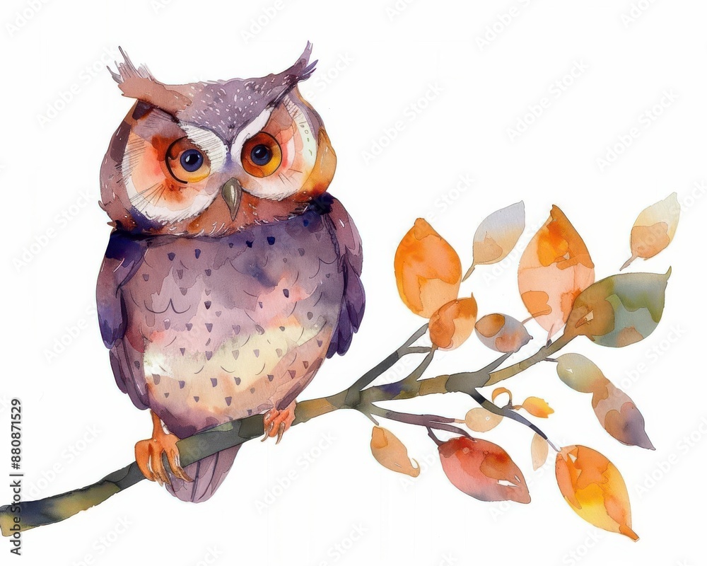 Fototapeta premium Owl on a branch clipart, Halloween element, watercolor style, isolated on white background