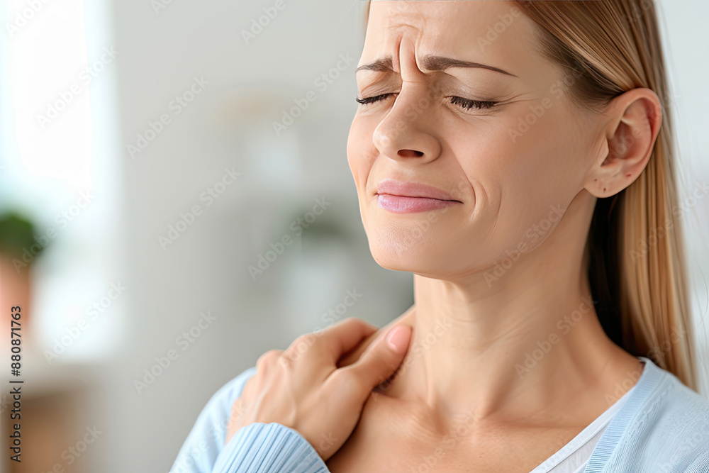 Young woman suffering from neck pain at home, closeup. Healthcare concept Young woman suffering from neck pain at home, closeup. Healthcare concept