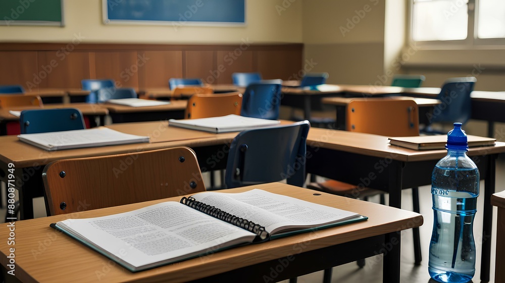 Empty classroom desk with open textbook, notebooks, pencils, and a partially filled water bottle. Empty classroom desk with open textbook, notebooks, pencils, and a partially filled water bottle.
