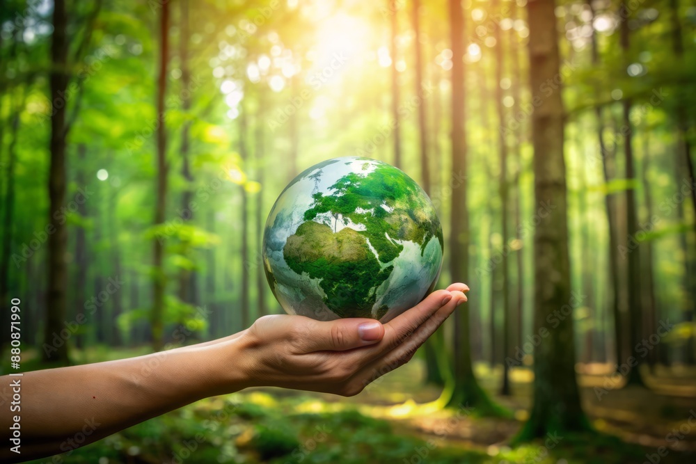Hand holding of green earth ball, forest background, Earth Day ...