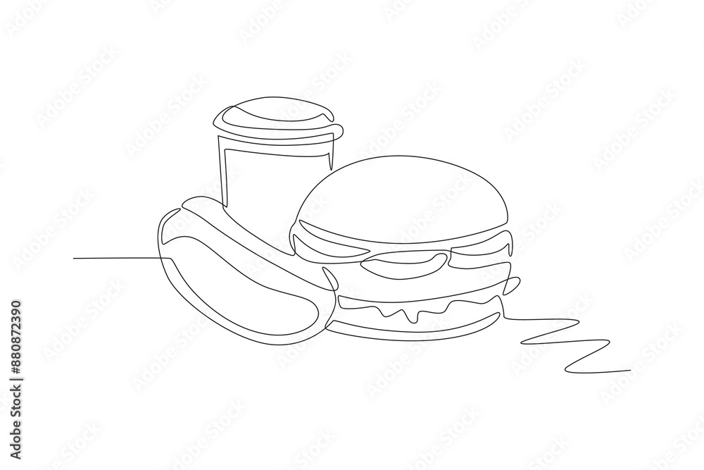 Burgers, hot dogs and coke. Food and drink concept one-line drawing Burgers, hot dogs and coke. Food and drink concept one-line drawing