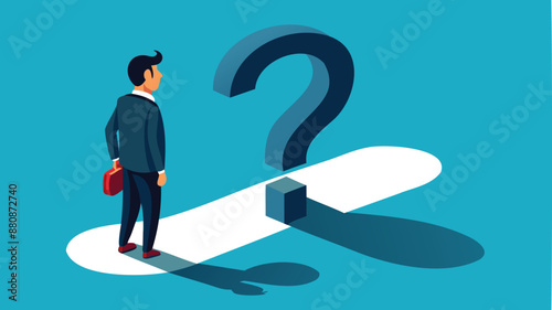 Questioning Life's Meaning: Curious Businessman Stares at Shadow Shaped as Question Mark, Symbolizing Confusion and Doubt