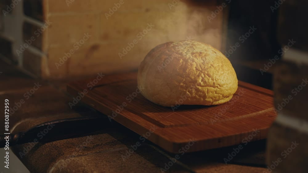Freshly baked aromatic loaf of bread in a traditional stone oven on fire, aromatic smoke rises above the bread Freshly baked aromatic loaf of bread in a traditional stone oven on fire, aromatic smoke rises above the bread