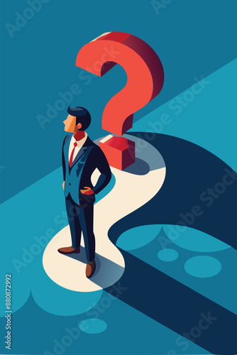 Questioning Life's Meaning: Curious Businessman Stares at Shadow Shaped as Question Mark, Symbolizing Confusion and Doubt