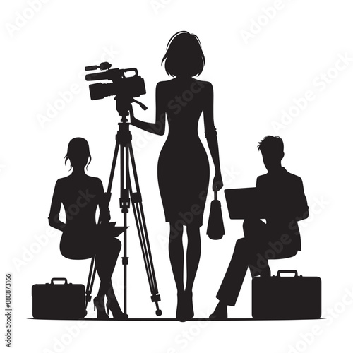 News reporter with cameraman silhouette vector isolated on a white background
