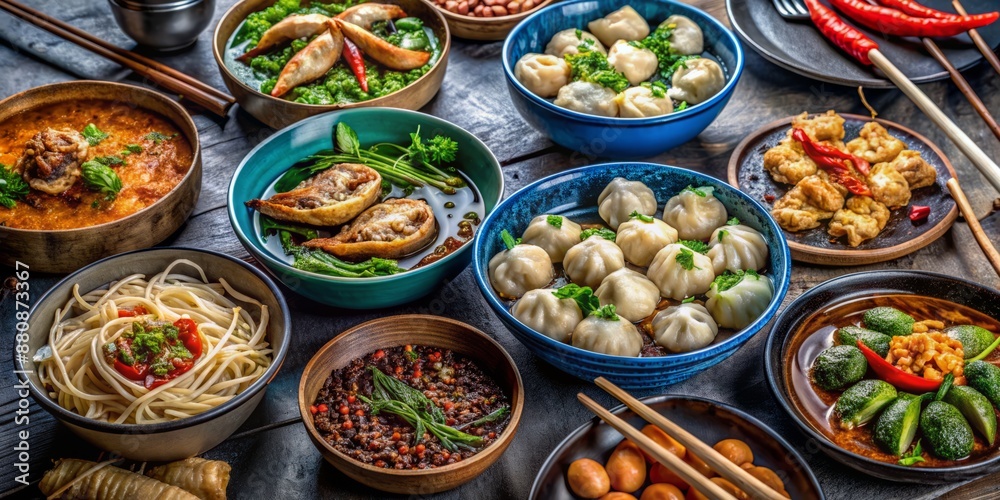 Vibrant Thai street food assortment in assorted bowls - black, blue, and metal - with chopsticks, steaming dumplings, noodles, and savory dishes awaiting discovery. Vibrant Thai street food assortment in assorted bowls - black, blue, and metal - with chopsticks, steaming dumplings, noodles, and savory dishes awaiting discovery.