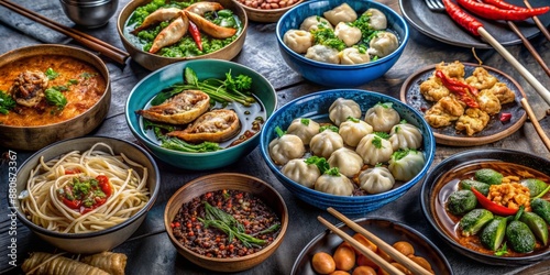 Vibrant Thai street food assortment in assorted bowls - black, blue, and metal - with chopsticks, steaming dumplings, noodles, and savory dishes awaiting discovery.